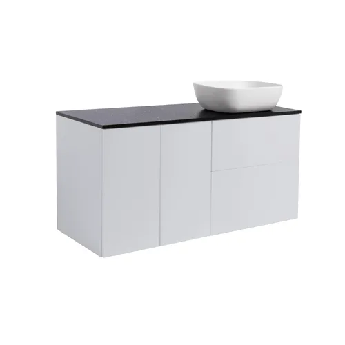 Kommod Isella 120 grå (60kommod+30uskåp tvkorg) svart bänkskiva o rektang vitmatt tvättställ 46x33