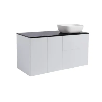 Kommod Isella 120 grå (60kommod+30uskåp tvkorg) svart bänkskiva o rektang vitmatt tvättställ 46x33