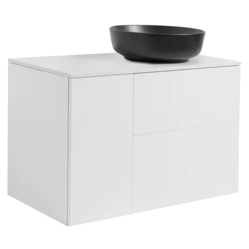 Kommod Isella 90 vit hb (60kommod+30 uskåp m tvättkorg) vit bänkskiva o runt svartmatt tvättställ 42