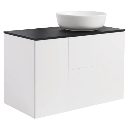 Kommod Isella 90 vit hb (60kommod+30uskåp m tvättkorg) svart bänkskiva o runt vitmatt tvättställ 42