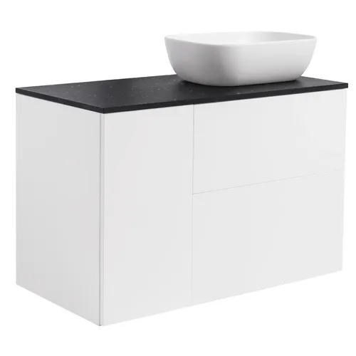 Kommod Isella 90 vitmatt (60kommod+30uskåp m tvkorg) svart bänkskiva rekt vitmatt tvättställ 46x33