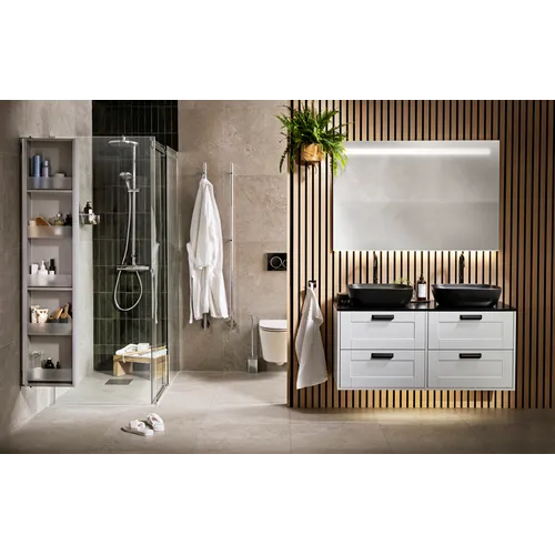 Kommod Gabriella 120 grå med vit bänkskiva och 2 stk rektangulärt vit matt tvättställ 46x33 cm