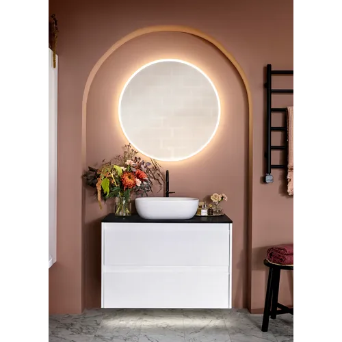 Kommod Luxor 60 grå med vit bänkskiva och runt svart matt tvättställ 42cm