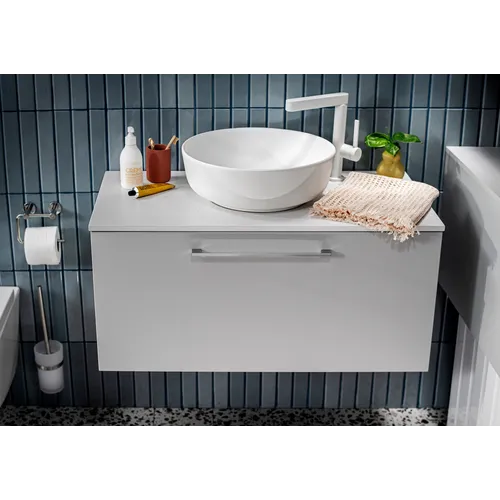 Kommod Ella 90 vit högblank med vit bänkskiva och runt svart matt tvättställ 42cm