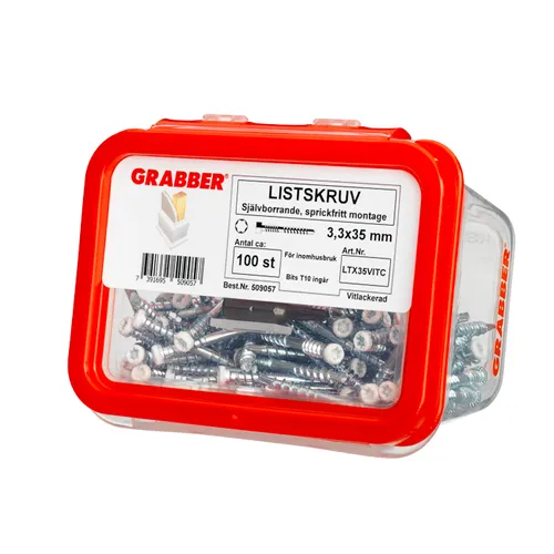 Listskruv m. borrspets & stödgänga Trä/Stål 3,3x35 mm, Vit, 100 st/frp