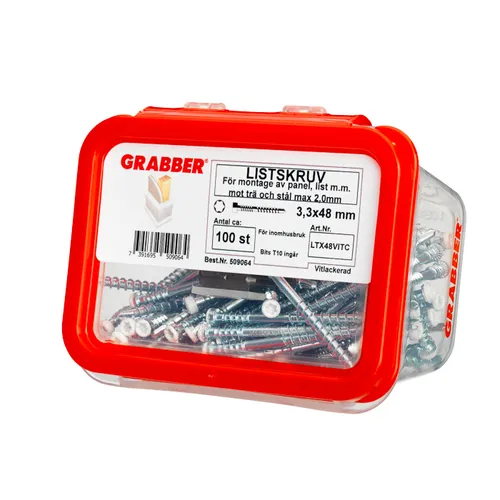 Listskruv m. borrspets & stödgänga Trä/Stål 3,3x48 mm, Vit, 100 st/frp