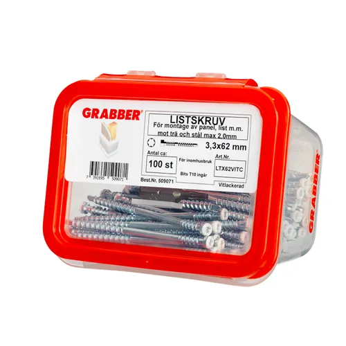 Listskruv m. borrspets & stödgänga Trä/Stål 3,3x62 mm, Vit, 100 st/frp