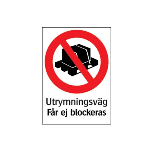 Skylt Utrymningsväg får ej blockeras 210x297 mm, 343414