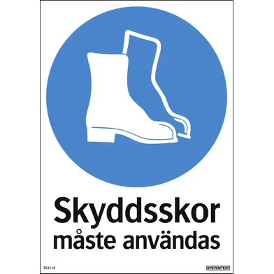 Skylt Skyddsskor måste användas 210x297 mm, 353114