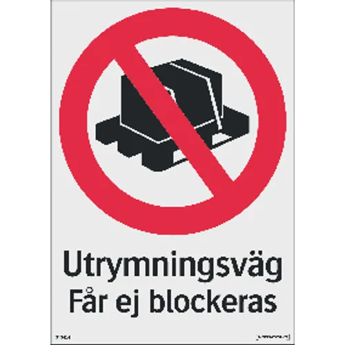 Skylt Utrymningsväg får ej blockeras 210x297 mm, 343414