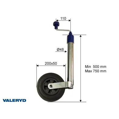 Stödhjul Ø 48 mm, m. plastfälg och gummihjul Hjul - 200x50 mm, 150 kg