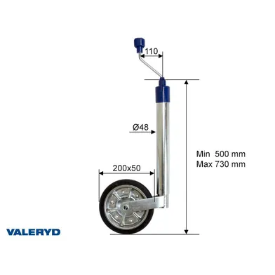 Stödhjul Ø 48 mm, m. stålfälg och gummihjul Hjul - 200x50 mm, 150 kg