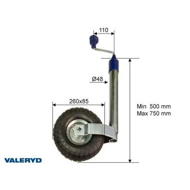 Stödhjul m. stålfälg & luftgummihjul Ø 48 mm, 136 kg
